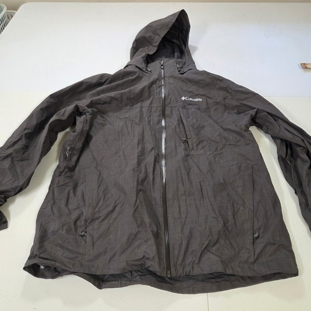 Columbia Interchange Hooded Rain Jacket Shell Gray Mens XL Grid Pattern Full Zip